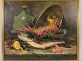 painting of a still life of a fish, lobster, lemons, and other items