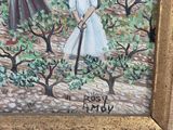 an oil painting of two girls in a garden with a shovel