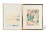 deux aquarelles encadrées représentant un paysage et un bateau