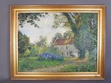 tableau représentant une maison dans un champ, avec des arbres en arrière-plan