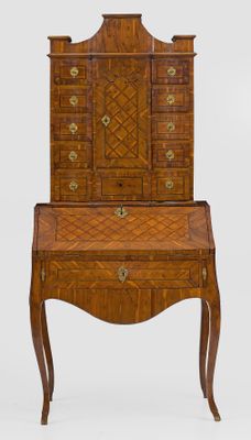 an old wooden desk with drawers and a mirror on top of it