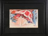 tableau représentant une femme en robe rouge tenant un parapluie rouge