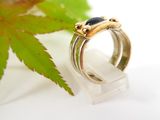 a close up of a ring with a leaf in the background