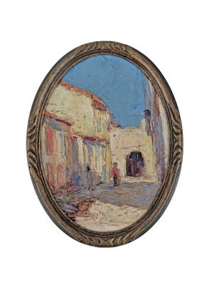 une peinture à l'huile représentant une scène de rue, dans un cadre rond sur fond blanc
