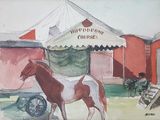 painting of a brown and white horse standing in front of a red building