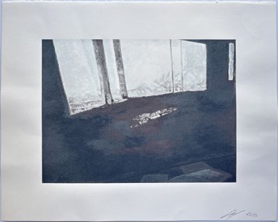 an image of a painting of a window with a cat on the floor