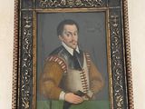painting of a man in a brown coat holding a baseball bat