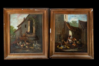 une paire de peintures à l'huile représentant des poulets à l'extérieur d'une grange
