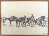 drawing of a horse drawn carriage being pulled by two men