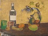 painting of a still life with a bottle of wine and fruit on a table