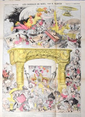 un vieux journal français avec un dessin humoristique représentant un homme et une femme dans une cheminée