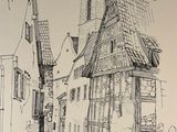 drawing of a street scene with a church steeple in the background