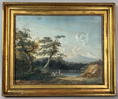 une peinture à l'huile représentant un paysage avec une rivière au premier plan et un homme à cheval au premier plan