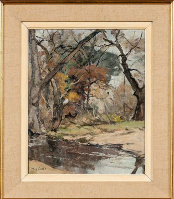 une peinture à l'huile représentant des arbres et de l'eau dans une zone boisée