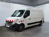 a white van with red stripes parked in a room