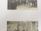 two old black and white photos of people and dogs on a street
