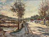 une peinture représentant une peinture d'un pont enjambant une rivière