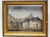an oil painting of a building with a tower in the background