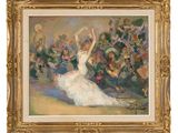 an oil painting of a woman in a white dress dancing in front of a crowd