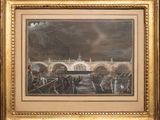 un tableau représentant un pont au-dessus d'une rivière, avec des personnes dessus