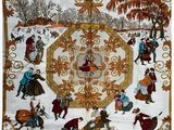 an image of a scarf with a picture of people on it