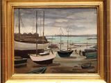 a painting of boats docked on the shore of the water