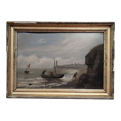 an oil painting of a boat on the water near a rocky shore