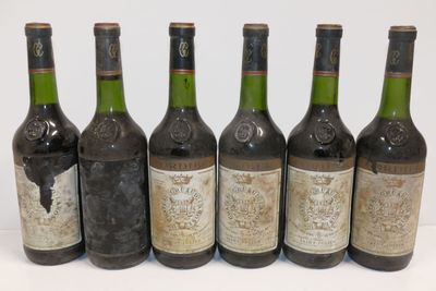six bouteilles de vin sont alignées sur une surface blanche