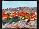 une peinture à l'huile représentant un paysage avec des arbres et des montagnes en arrière-plan