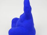 a blue bird that is sitting on a white surface