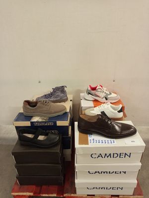 boxes of shoes are stacked on top of each other on a pallet