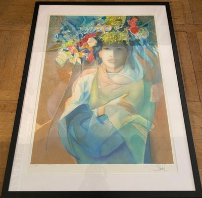 painting of a woman with flowers in her hair sitting on a wooden floor