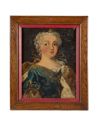 un vieux tableau représentant une femme en robe bleue tenant un chat dans ses bras