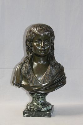 bronze bust of a young girl on a marble base