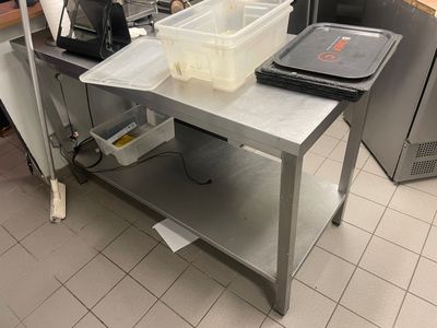 an image of a kitchen with a work table and a microwave