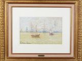 un tableau représentant deux bateaux sur un plan d'eau, avec des bâtiments en arrière-plan