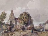 a painting of a village with a church in the background