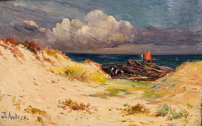 une peinture d'un bateau sur la plage au bord de l'eau