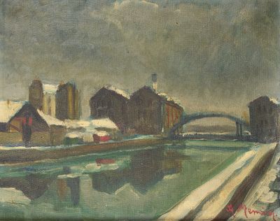 l'image d'une peinture représentant une rivière avec un pont en arrière-plan