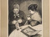 an old picture of two women sitting at a table in front of a lamp
