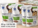 three bags of perfect fit cat food sitting on top of a wooden table