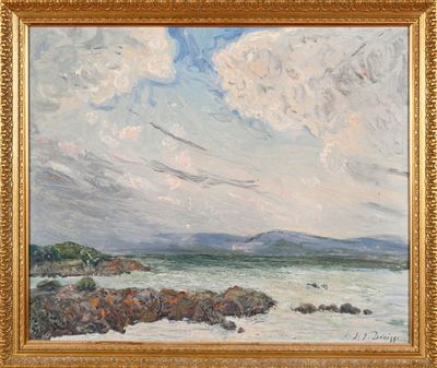 an oil painting of a view of the ocean from a rocky shore