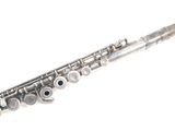 a silver flute that is sitting on a white surface