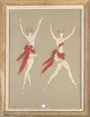 painting of two female dancers in red and gold costumes