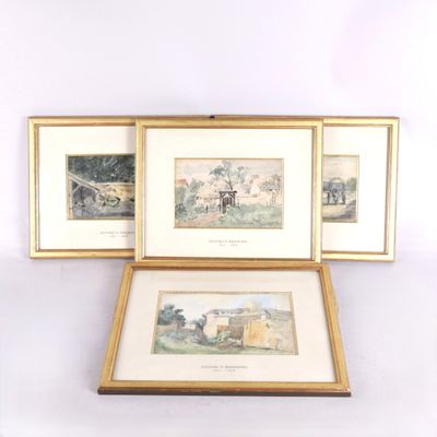 trois reproductions encadrées représentant une scène de campagne avec une maison en arrière-plan