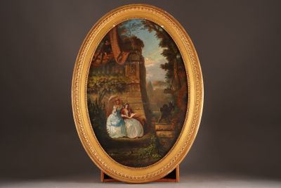 an oval painting of two women sitting on a bench in front of a tree