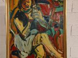 un tableau représentant une femme assise sur une chaise près d'un mur