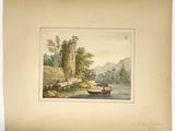 une vieille aquarelle représentant un bateau sur une rivière, avec un château en arrière-plan