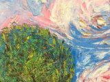 an oil painting of a house and trees in a field