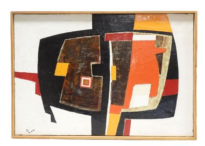 painting of abstract shapes in a wooden frame on a white background